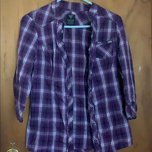Guess- purple/white plaid button down shirt
